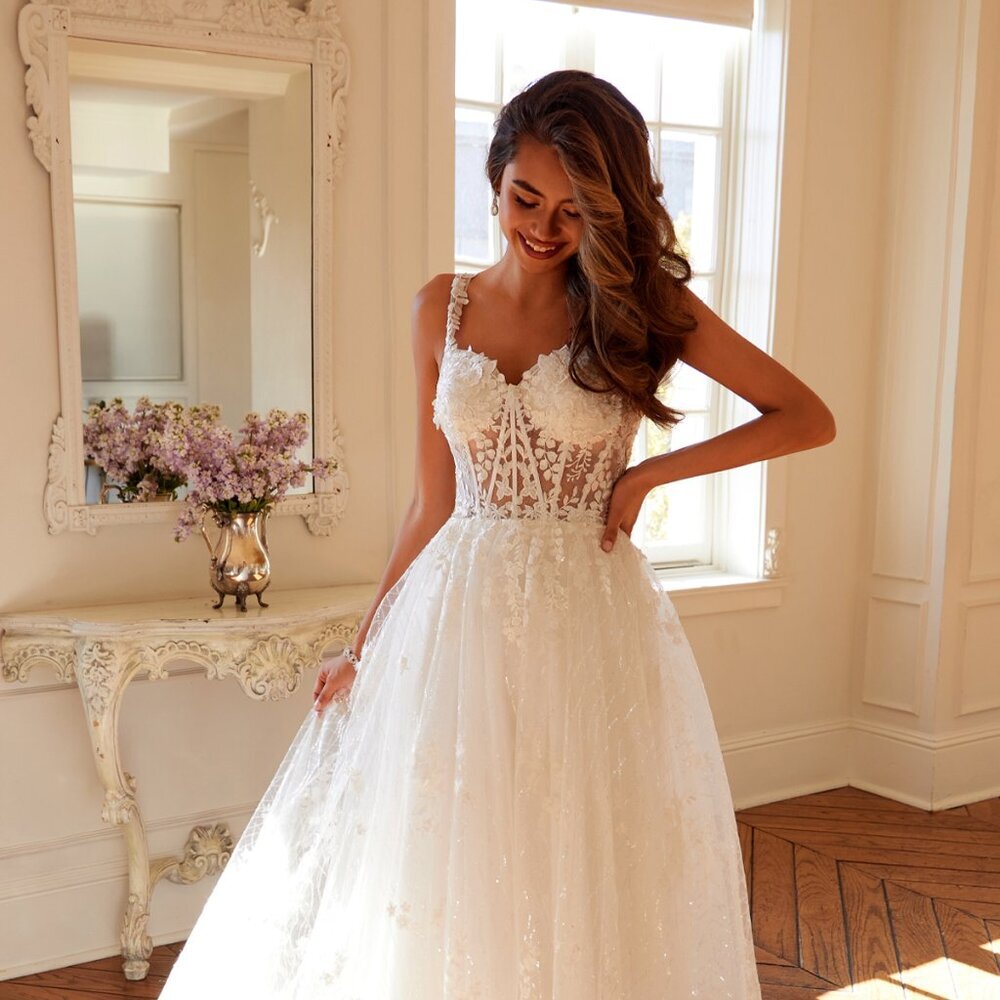 NEW LONG A-LINE WEDDING GOWN W/ SHEER STRUCTURAL BODICE & FLORAL LACE JT2495AW